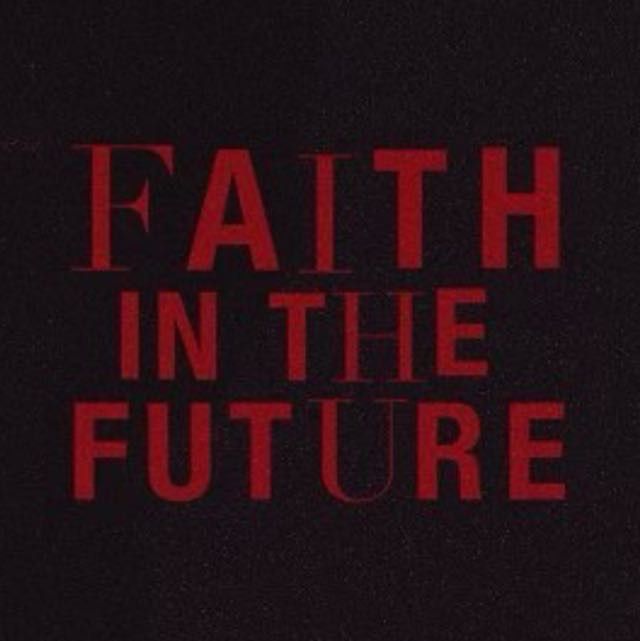 the title for faith in the future, with red letters on black background and an image of