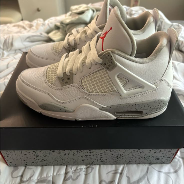 Worn A Handful Of Times ,6y , Some Creasing, Comes With Box College Clean Out White Casual Air Jordan 4 With Perforations, White Air Jordan 4 With Perforations, Casual White Air Jordan 4 With Rubber Sole, White Low-top Air Jordan 4 With Perforations, Casual Air Jordan 4 White With Rubber Sole, Custom White Sneakers With Perforations And Round Toe, White High-top Air Jordan 4 With Perforations, Sporty White Air Jordan 4 With Perforations, White Low-top Jordan Shoes With Speckled Midsole