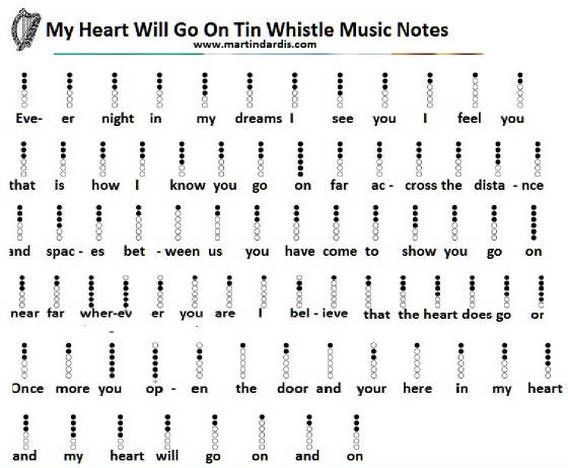 a sheet with words that say, my heart will go on whistle music notes