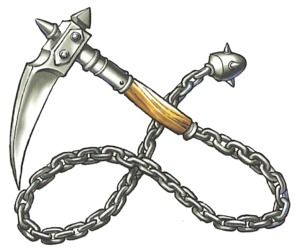 a drawing of a knife and chain on a white background