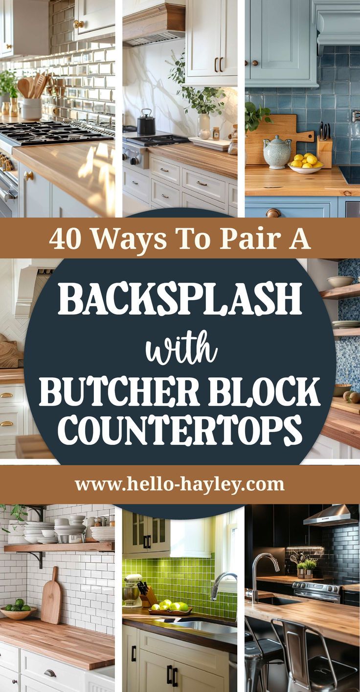 40 Ways To Pair a Backsplash With Butcher Block Countertops Backsplash With Butcher Block Countertop, Light Butcher Block Countertops, Backsplash With Butcher Block Counters, Butcher Block Countertops White Cabinets, Backsplash With Butcher Block, Kitchen Butcher Block Countertops, Butcher Block Stain, Kitchen With Butcher Block Counters, Butcher Block Backsplash