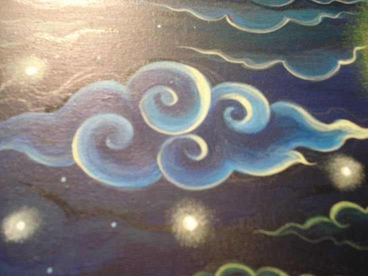 an artistic painting on the side of a wall with clouds and stars in the sky