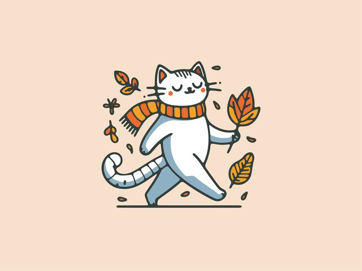 a white cat wearing a scarf is running with leaves in his hand and the words autumn written on it