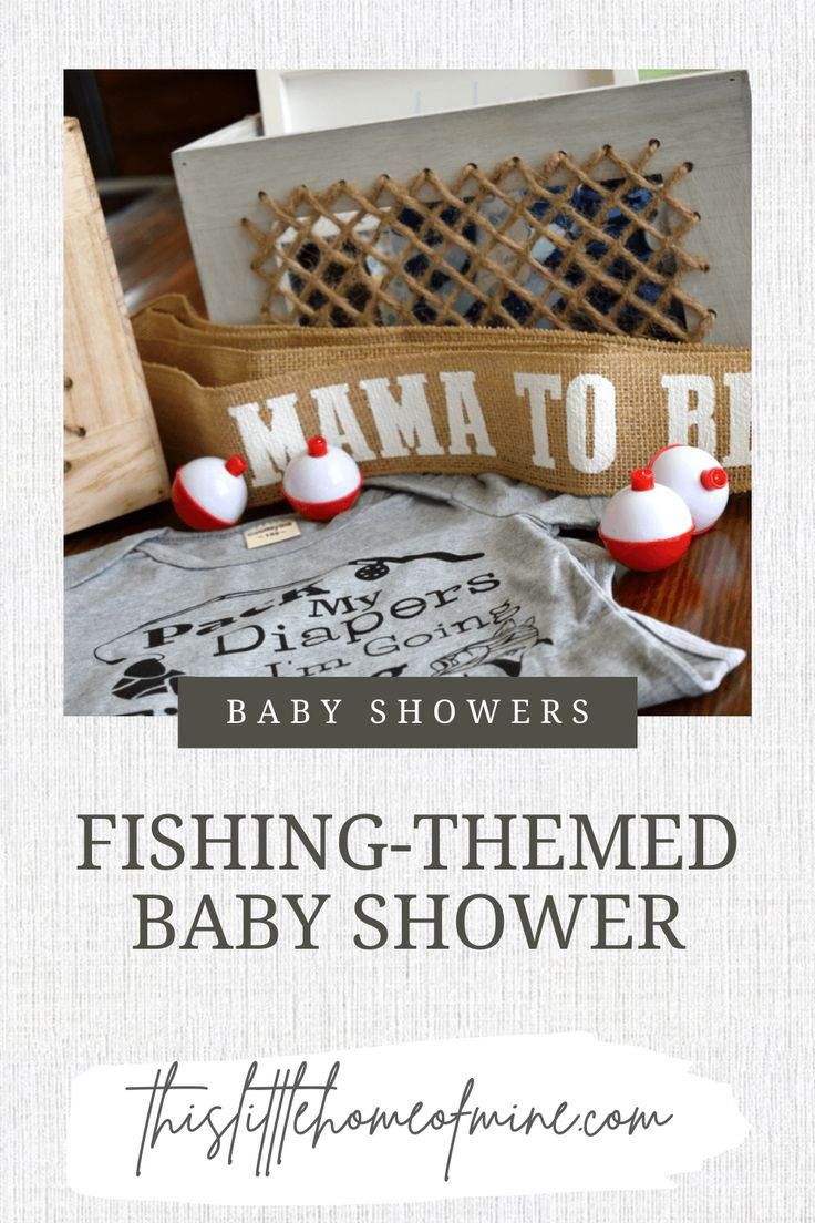 a baby shower with the words fishing - themed baby shower on it's side