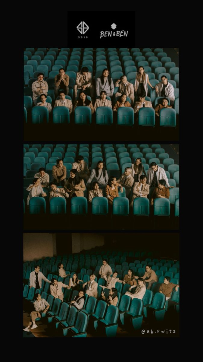 two pictures of people sitting in the middle of a movie theater, one is watching something