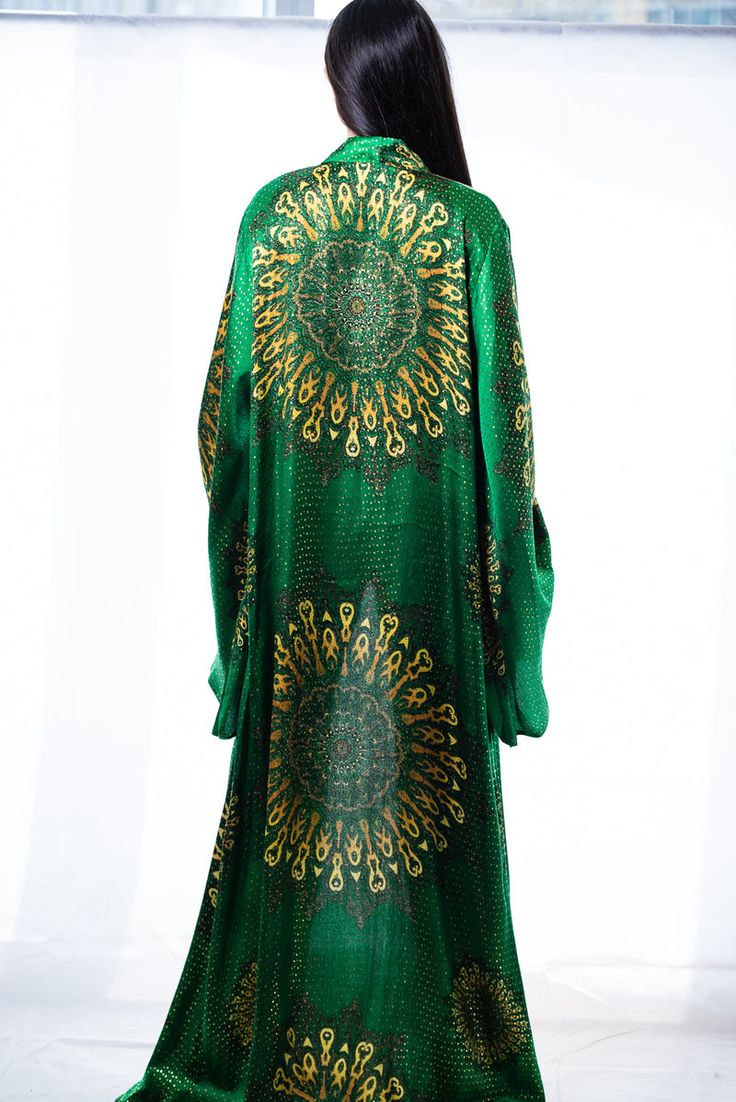 Luxury Elegant Green Kimono, Luxury Traditional Green Kimono, Green Silk Floor-length Kaftan, Elegant Green Kaftan For Festivals, Elegant Green Festival Kaftan, Gold Floor-length Bohemian Abaya, Bohemian Gold Floor-length Abaya, Gold Bohemian Floor-length Abaya, Green Silk Kaftan With Kimono Sleeves