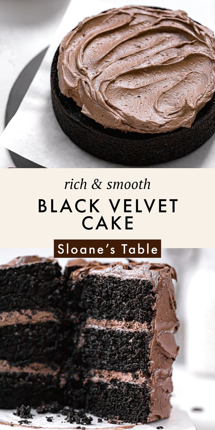 two slices of black velvet cake with chocolate frosting on the top and one slice cut out