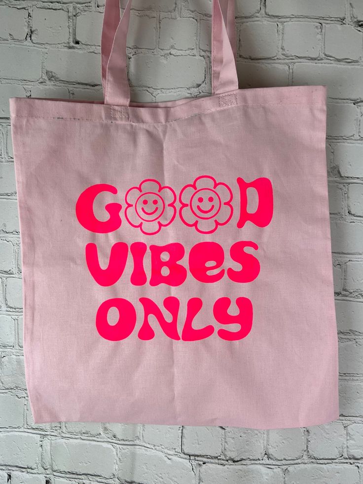 Good vibes canvas tote bag, screen printed Pink Canvas Bag With Letter Print For Shopping, Pink Letter Print Canvas Bag For Shopping, Pink Canvas Weekend Bag, Pink Rectangular Canvas Bag For Weekend, Casual Canvas Bag With Graphic Print For Daily Use, Trendy Rectangular Canvas Bag With Graphic Print, Retro Pink Cotton Bag, Trendy Pink Bags With Graphic Print, Pink Cotton Bags With Letter Print