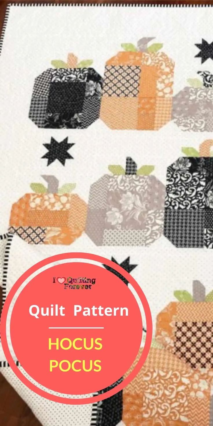 a quilt pattern with pumpkins on it and the words hoccus pocus written in red