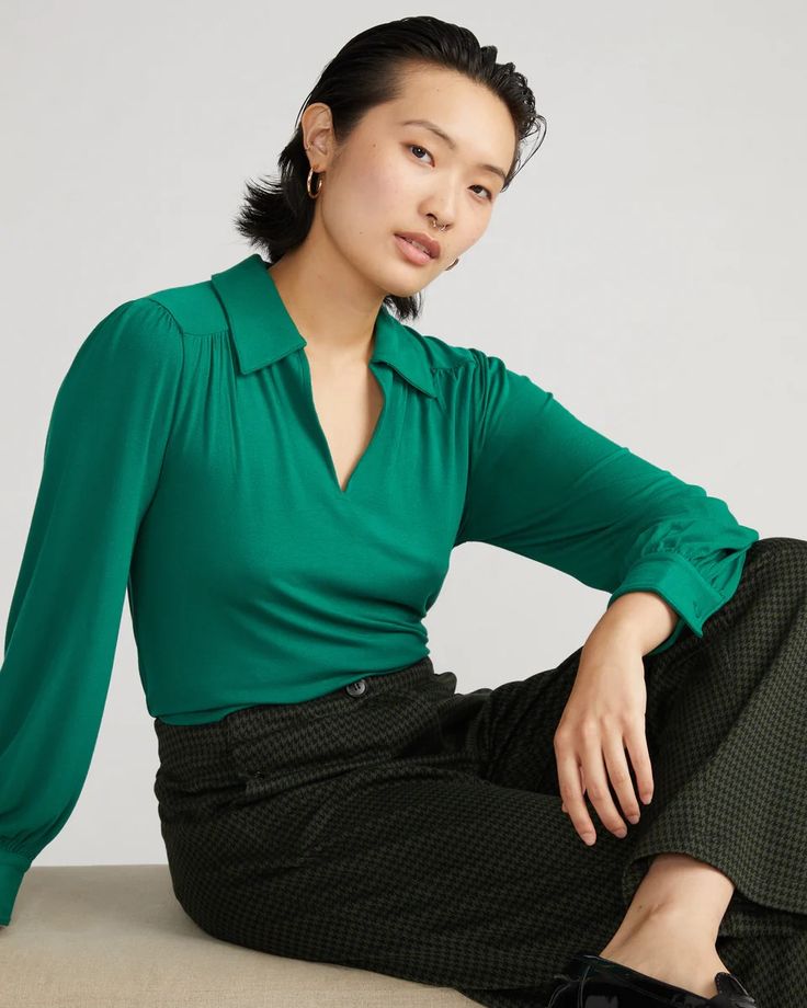 Moore Liquid Jersey Blouse - Lily Pad | Universal Standard Chic Solid Color Blouse With Collared Neckline, Chic Solid Blouse With Collared Neckline, Viscose Long Sleeve Office Tops, Viscose Long Sleeve Workwear Tops, Long Sleeve Viscose Tops For Work, Viscose Long Sleeve Tops For Work, Chic Relaxed Fit Long Sleeve Top, Chic Long Sleeve Top For Workwear With Relaxed Fit, Chic Relaxed Fit Long Sleeve Top For Workwear