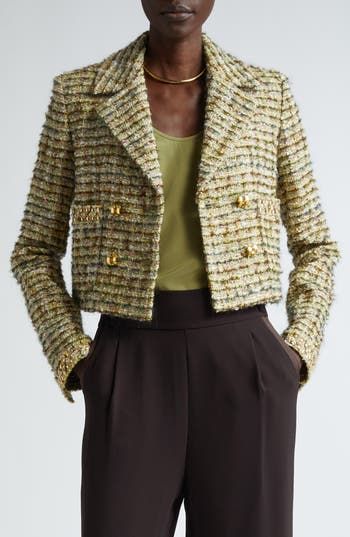 Italian tweed lit with metallic shimmer adds rich texture and depth to this boxy cropped jacket detailed with gleaming hardware and jewelry-inspired buttons. Double-breasted button closure Notched lapels One-button cuffs Front patch pockets Stretch lining 25% nylon, 24% wool, 22% cotton, 14% polyester, 13% acrylic, 2% silk Dry clean Imported Designer Clothing Blazer Details, Blue Tweed Jacket, Crop Coat, Vintage Outerwear, Tweed Fashion, Tweed Jackets, Tweed Style, Cropped Coat, Fashion Vocabulary