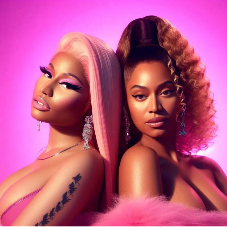 two black women with pink hair and tattoos on their bodies, one is leaning against the other