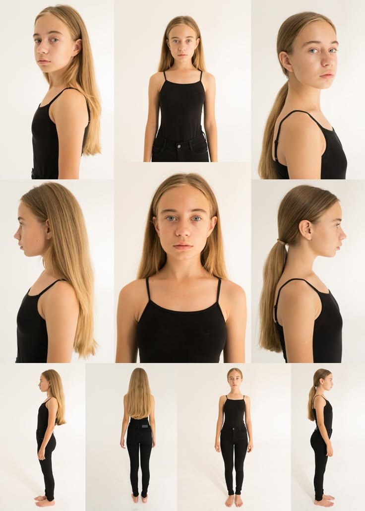 a series of photos showing different views of a woman's head and shoulders in various poses