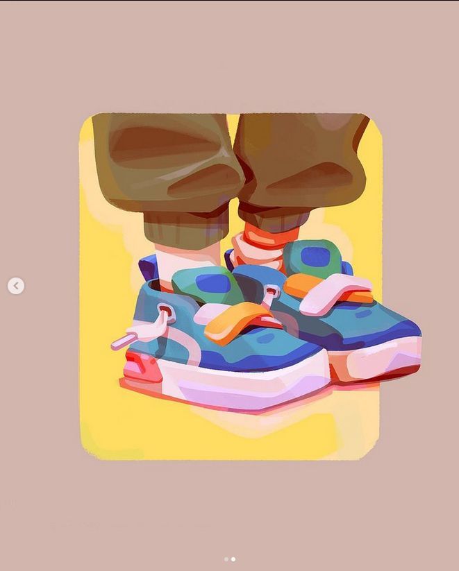 a pair of feet with colorful sneakers on top of each other in front of a yellow background