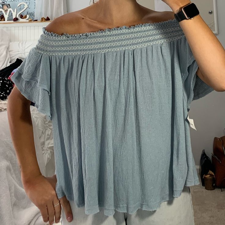 Baby Blue With White Embroidery Off The Shoulder Blouse From Local Boutique- Caren Forbes. Very Similar Style To Free People - Size Large - Off The Shoulder - Flowy Fit - Not Free People But Similar Style Light Blue Off-shoulder Summer Top, Light Blue Off-shoulder Top For Summer, Summer Blue Off-shoulder Blouse, Off-shoulder Cotton Peasant Top For Summer, Off-shoulder Blue Blouse, Blue Off-shoulder Tops For Spring, Blue Bohemian Off-shoulder Top, Summer Cotton Off-shoulder Blouse, Summer Off-shoulder Cotton Blouse