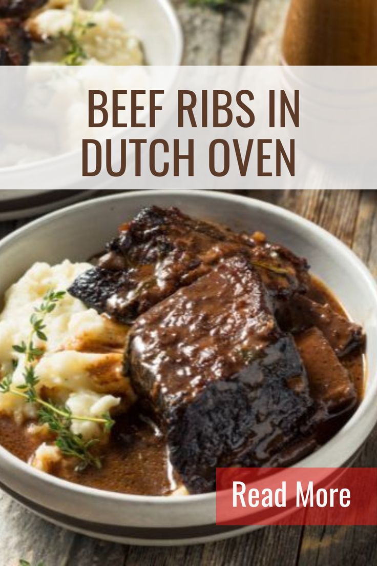 beef ribs in dutch oven with mashed potatoes and gravy on the side