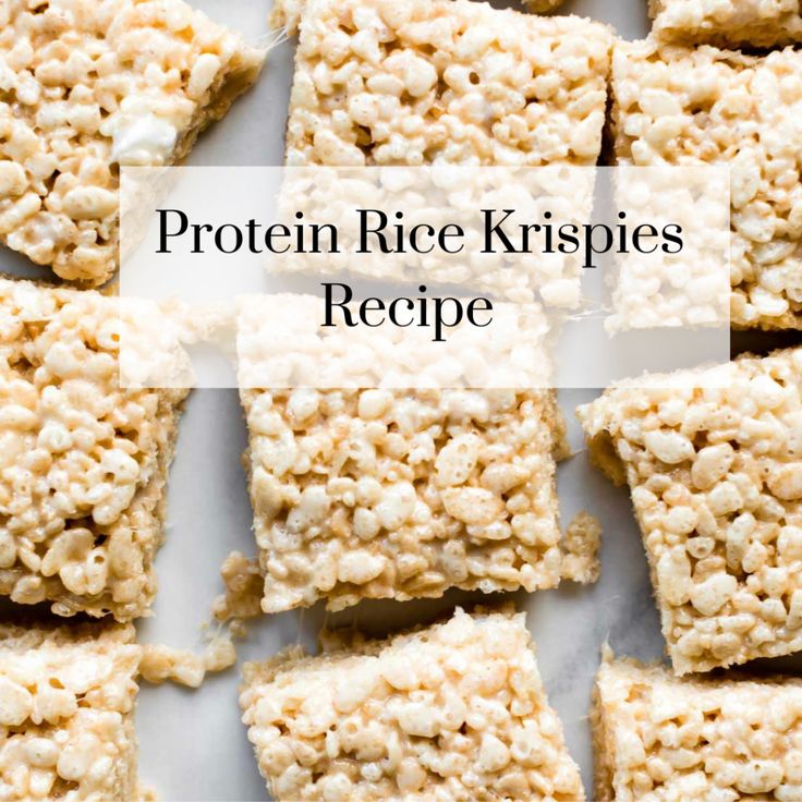 protein rice krispies recipe cut into squares and stacked on top of each other with the words, protein rice krispies recipe