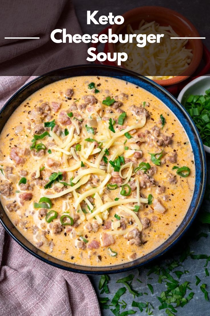 keto cheeseburger soup in a blue bowl with parsley on the side