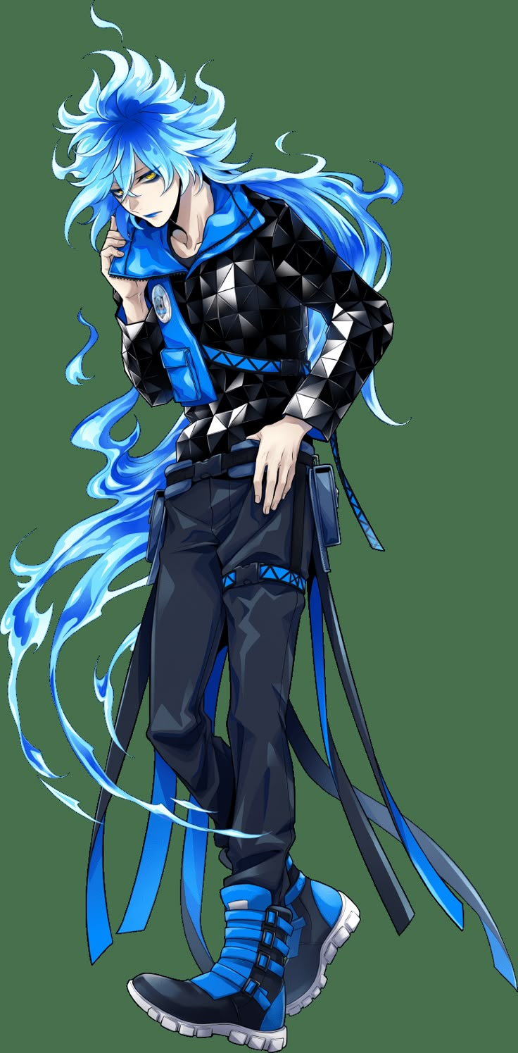 an anime character with blue hair and black clothes