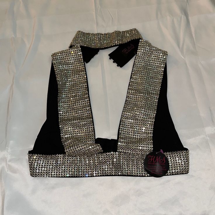 Black And Rhinestone Crop Top Vcut Open Upper Back Button Closure Around Neck Clasp Closure Around Waist Stretch Sparkle Silver Rhinestone Tops For Party, Silver Party Tops With Rhinestones, Silver Rhinestone Evening Top, Silver Rhinestone Party Tops, Fitted Silver Tops With Rhinestones, Elegant Tops With Rhinestones For Club, Silver Party Top With Bling, Elegant Rhinestone Tops For Club, Silver Bling Party Top