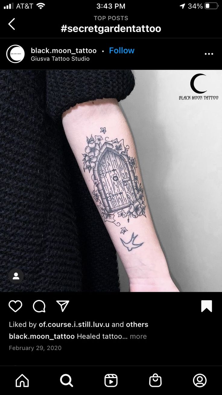 a person with a tattoo on their arm and the caption reads, secret garden tattoo follow