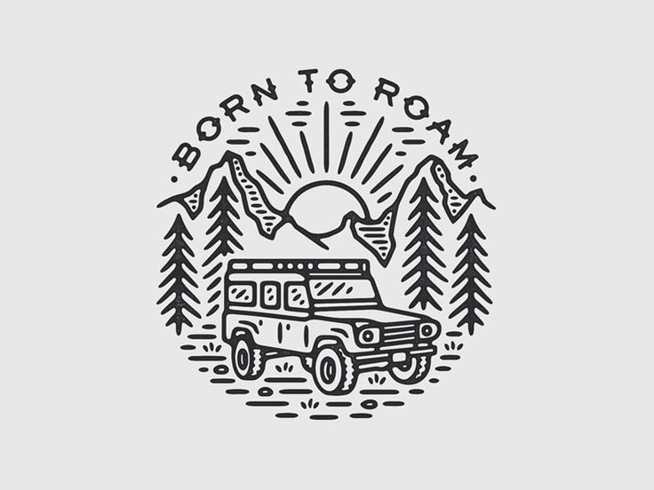 a black and white drawing of a camper van with trees in the background that says born to roam