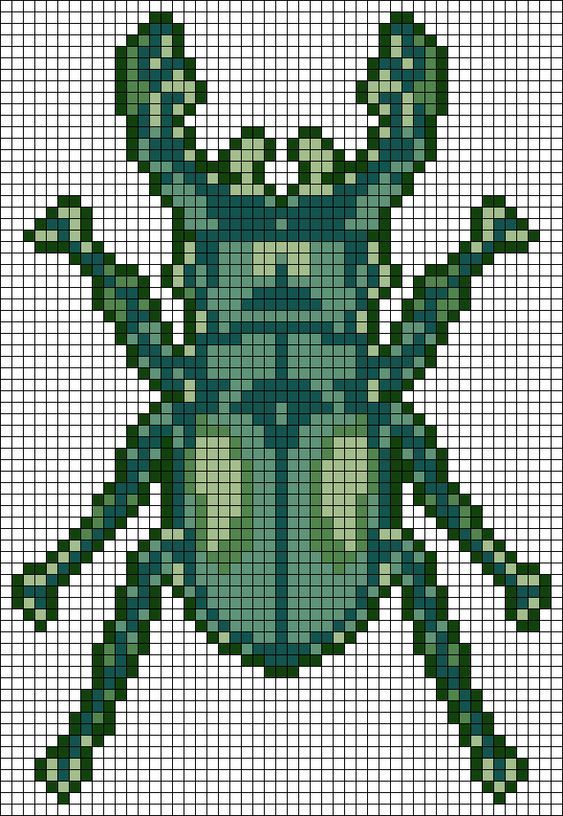 a cross stitch pattern with a bug on it's back and two green legs