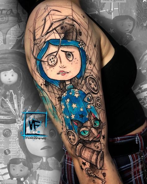 a woman's arm with a cartoon character on it and an image of a cat