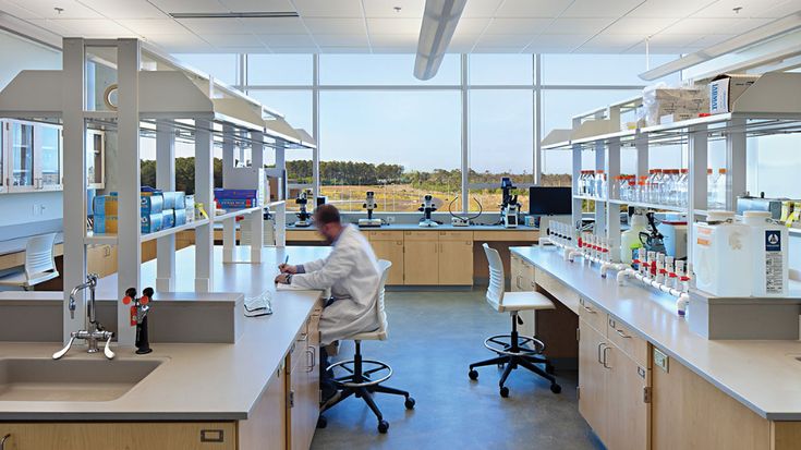 a man working in a lab with lots of counter space