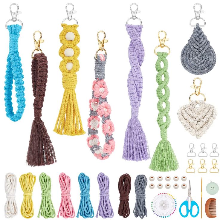 PRICES MAY VARY. MORE ACCESSORIES FOR BOHO KEYCHAIN: Our package includes all supplies to complete 8 set macrame keychains, which has: 8 roll of cotton cord(each color for one), 5 meters per color. 10pcs keychains, 10pcs 15mm wood bead, 1 card bead needle and other accessories. Do whatever you want. BOHEMIAN HAND-WOVEN DESIGN: This set of bohemian designed key wristlet lanyards made from cotton cord adopt unique macrame technique, soft yet durable, freeing your hands while preventing your keys f Key Wristlet, Unique Macrame, Key Purse, Keychain Pattern, Phone Gift, Boho Keychain, Macrame Keychain, Crochet Keychain Pattern, Mini Macrame