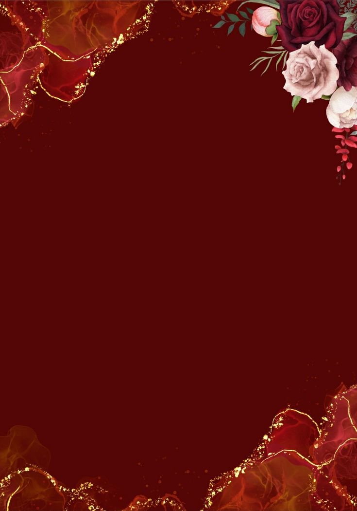 a red and gold background with roses on the corner, in the center is an empty space for text