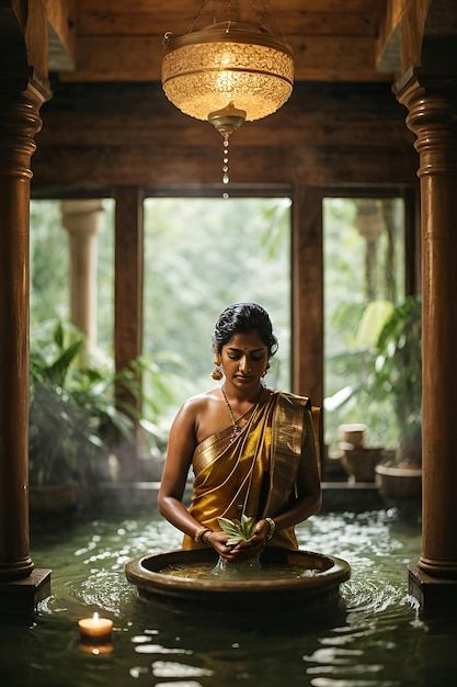 a woman sitting in the middle of a body of water surrounded by columns and chandeliers