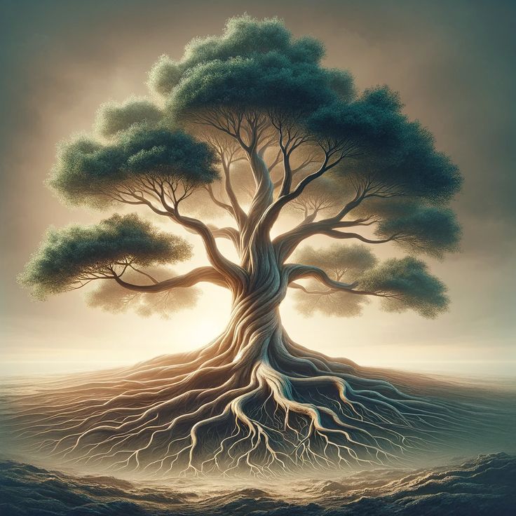 a painting of a tree with its roots exposed