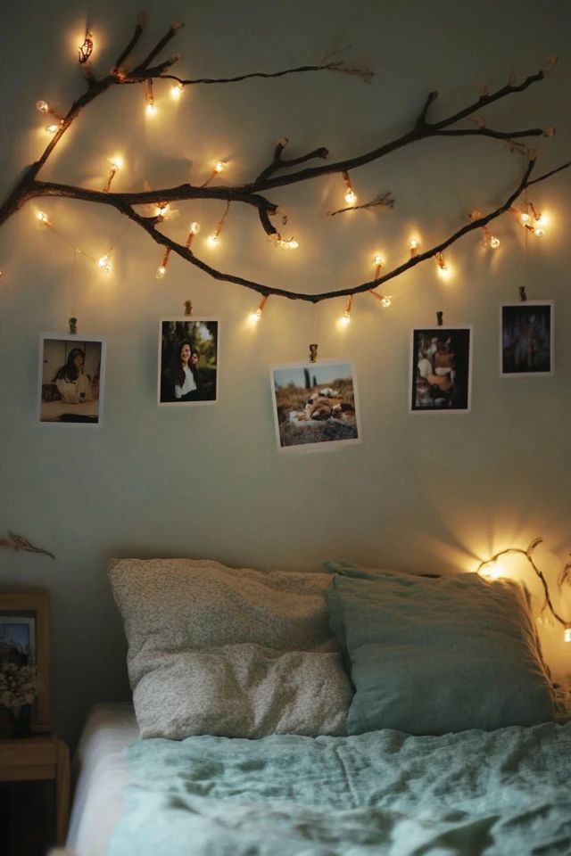 a bedroom with pictures hanging on the wall and lights strung from the branches above it