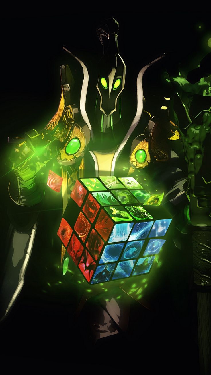 an animated image of a man holding a rubik cube in his hand and glowing green eyes