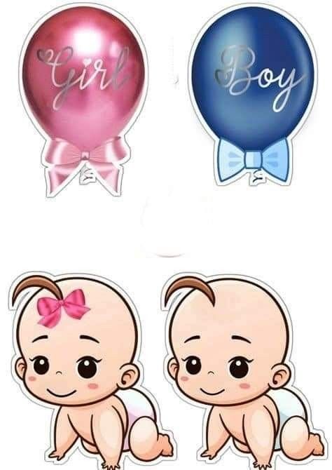 two baby babies with bows and balloons on their heads are shown in three different colors