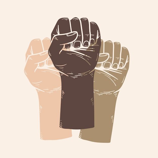 two hands with fists raised in the air, one is brown and one is beige