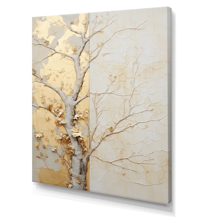 an abstract painting of a tree with gold leaves on it's trunk and branches