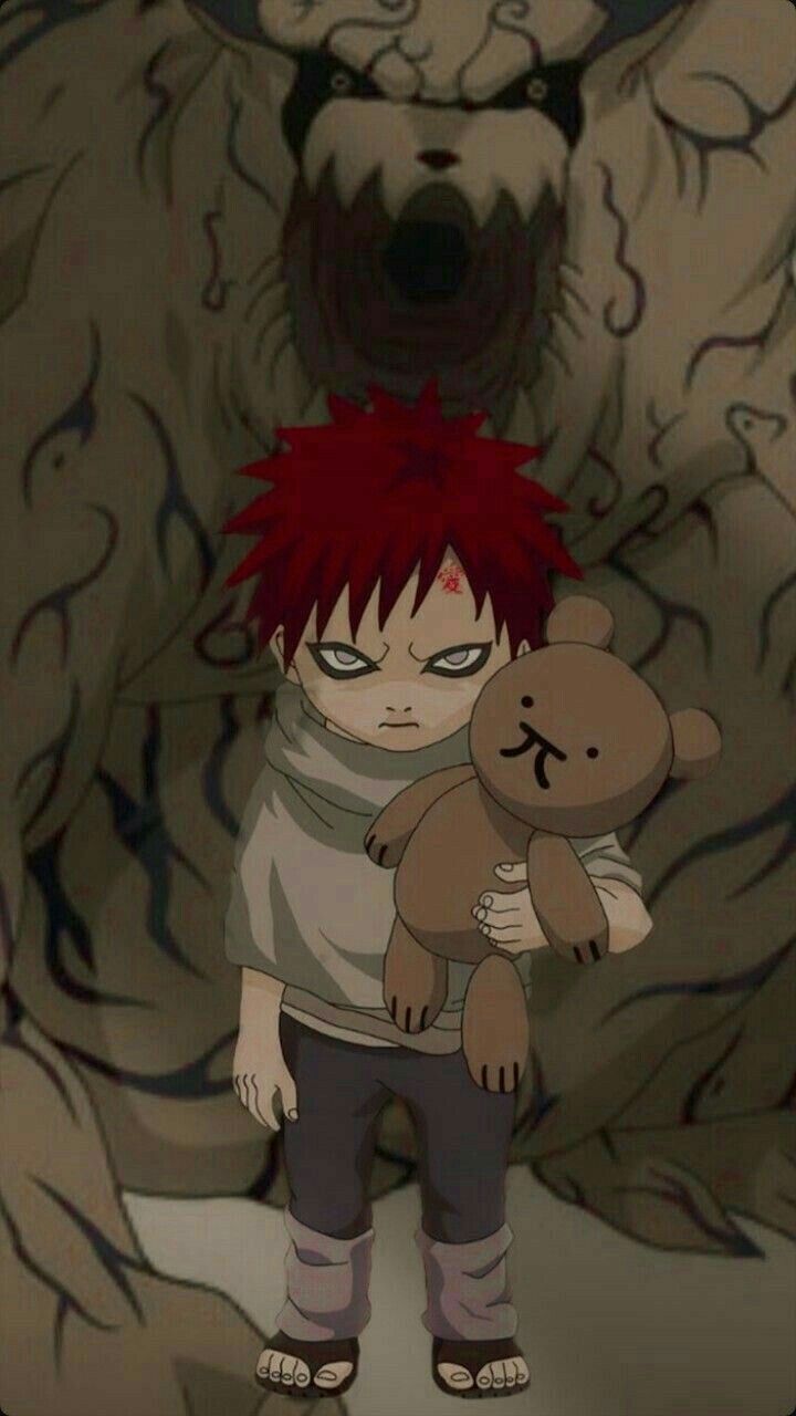 a person with red hair holding a teddy bear in front of a large monster like creature