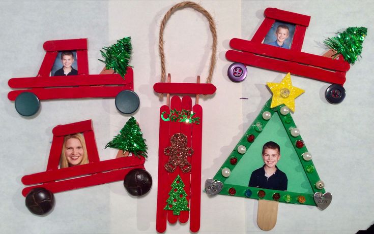 popsicle christmas tree decorations with family pictures on them