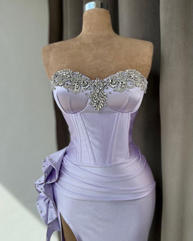 Fabric: Charmeuse; Silhouette: Sheath/Column; Neckline: Gown; Hemline/Train: Floor Length; Embellishment: Rhinstone; Sleeve: Sleeveless; Waist: Natural; Back Style: Zipper; Built-In Bra: Yes; Shown Color: Light Purple; Season: Spring; Summer; Fall; Winter; Light Purple Prom Dress, Purple Prom, Classy Prom Dresses, Stunning Prom Dresses, Purple Prom Dress, Prom Dresses Sleeveless, Prom Dress Inspiration, Evening Dress Fashion, Pretty Prom Dresses