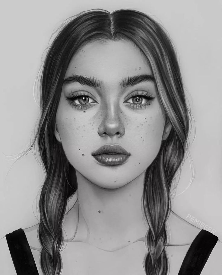 a black and white drawing of a girl with freckles on her face,