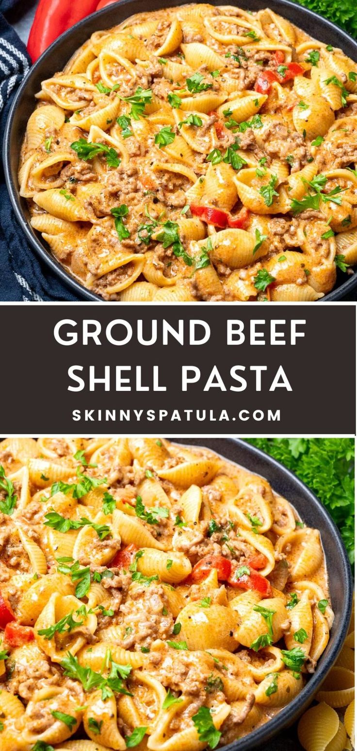 ground beef shell pasta in a skillet with tomatoes and parsley on the side