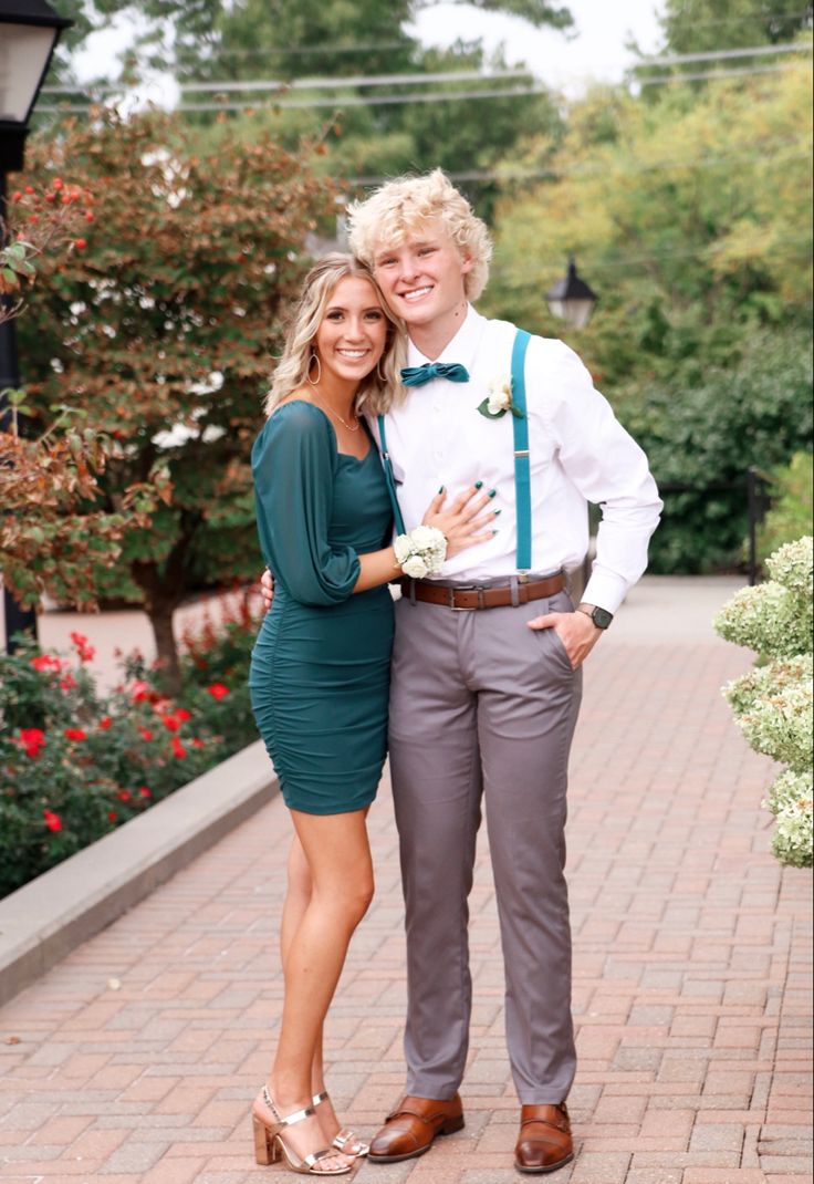 Hunter Green Hoco Couple, Emerald Homecoming Couple, Emerald Green Homecoming Couple, Homecoming Poses With Guy Friend, Homecoming Outfits For Couples, Hoco Outfit Ideas For Couples, Dark Green Hoco Couple, Green Hoco Couple, Guy Hoco Outfits