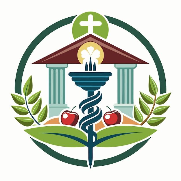 a logo for a medical center with an image of a cadus rod and apples