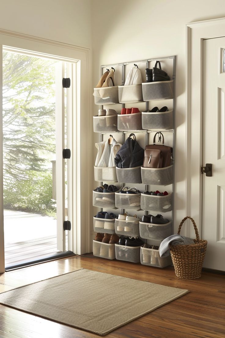 an organized closet with shoes and purses on the shelves, in front of a sliding glass door