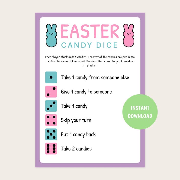 a printable easter candy dice game with the instructions for it to play and how to use