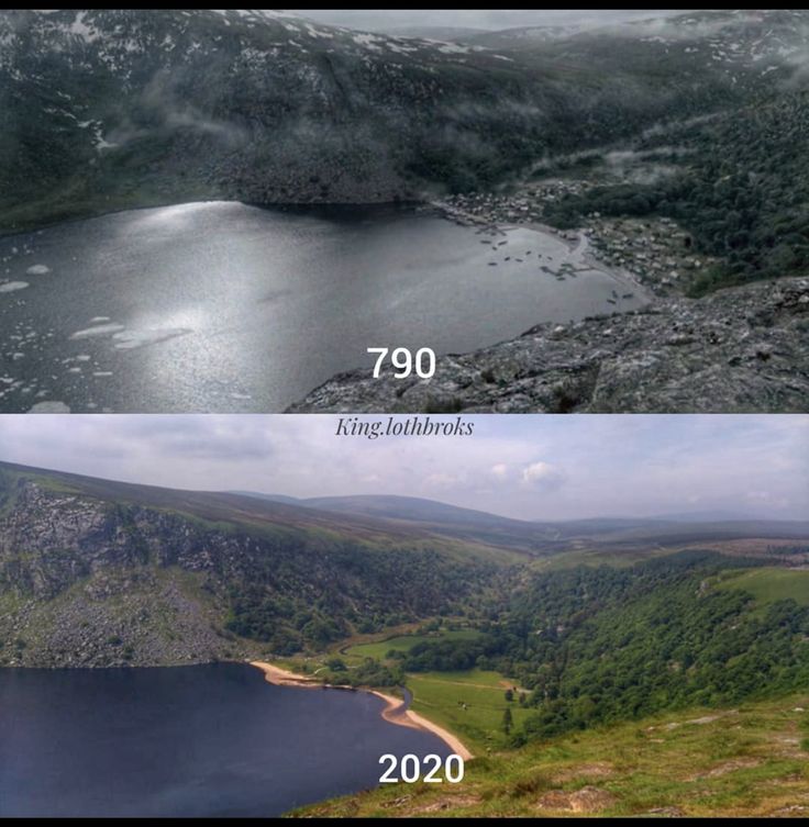 before and after photos of an aerial view of a lake with mountains in the background