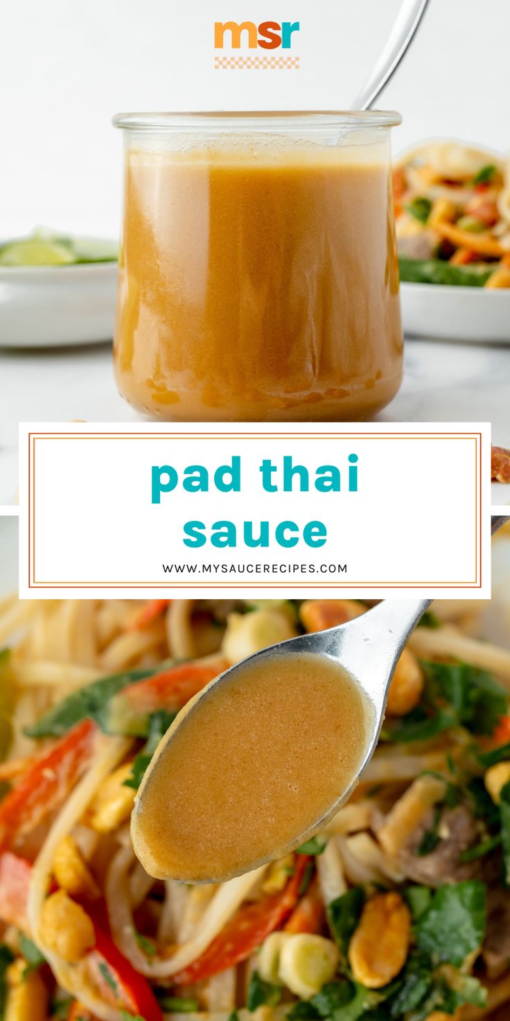 a spoon full of pad thai sauce on top of a plate