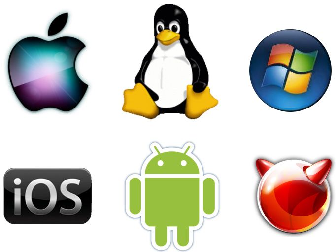 several different types of icons are shown in this image, including an apple and linux